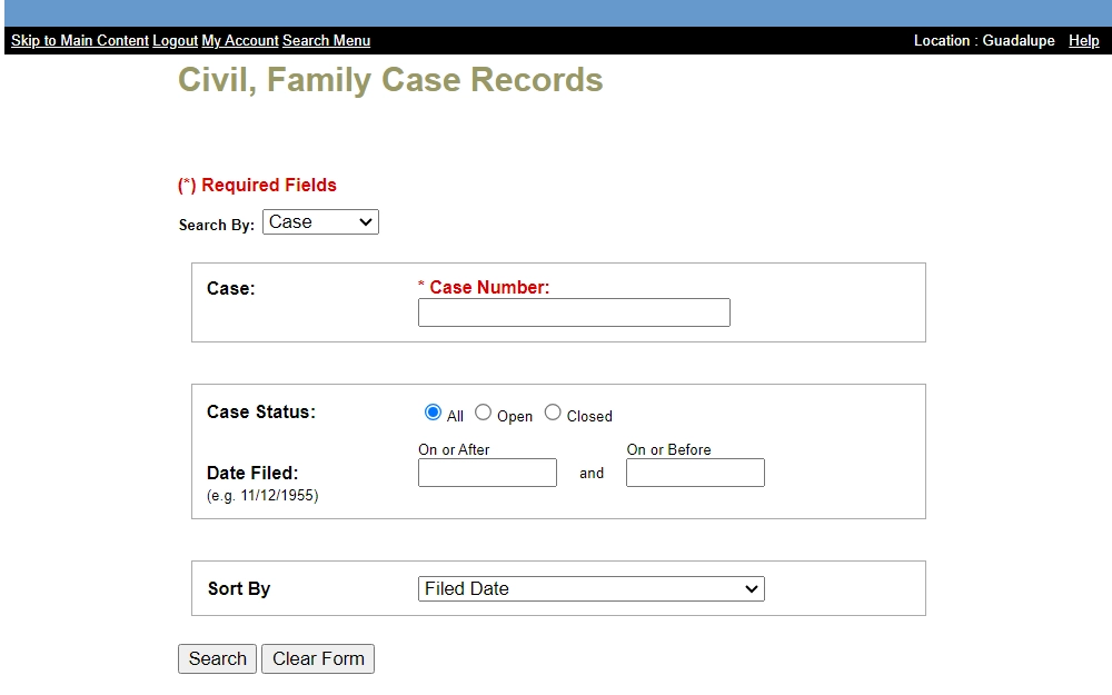 A screenshot of the Guadalupe County Records Inquiry portal showing the Civil, Probate, and Case Records search tool that can be searched by providing the case number and other criteria needed to find the record that an individual is looking for.