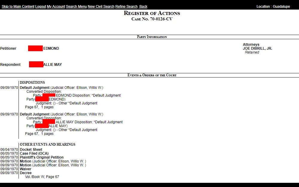 A screenshot showing a defendant's case record with its party information, events and orders of the court descriptions, and more information.