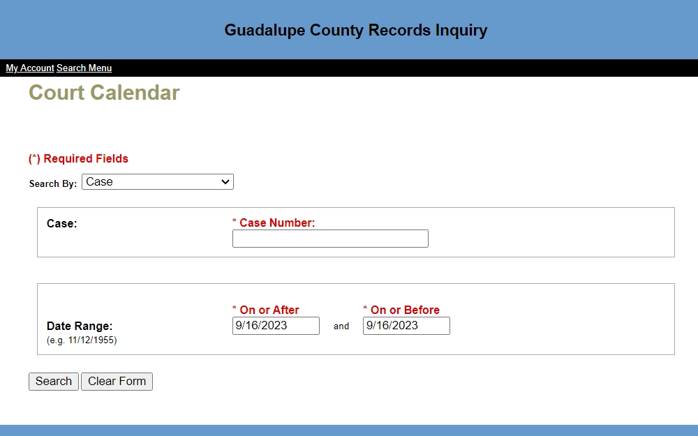 A screenshot of the Guadalupe County Records Inquiry portal in the Court Calendar tool section where an individual can search for court dates or schedules of different cases.
