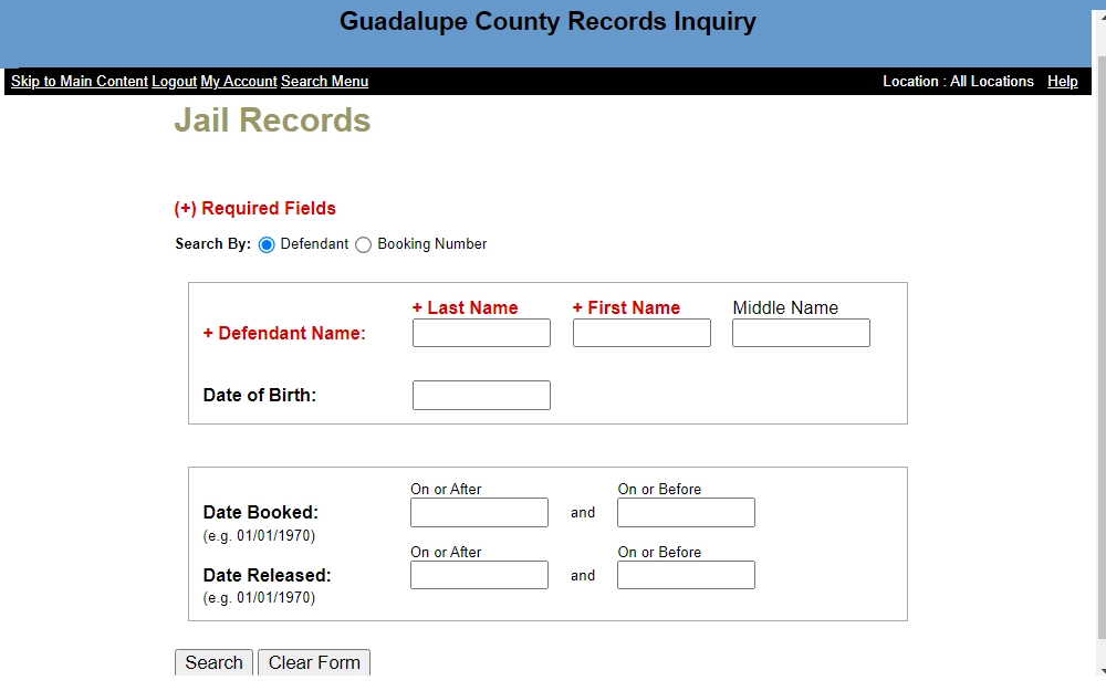 A screenshot of the Jail Records search tool in the Guadalupe County Records Inquiry portal that is searchable by providing the arrestee's first and last name, date of birth, and date range.