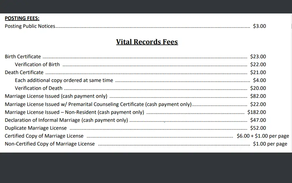 A screenshot showing the fees charged based on the type of vital records that will be requested and the type of copy, whether certified or uncertified.