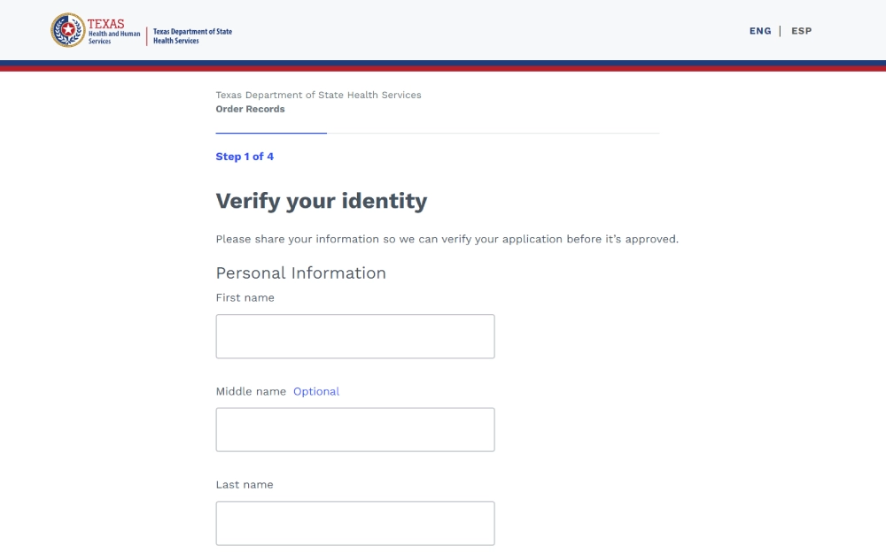 A screenshot displays a web page from the Texas Department of State Health Services, which is part of a step-by-step process, specifically step one, where an individual is prompted to provide personal information for identity verification purposes before proceeding with an application.