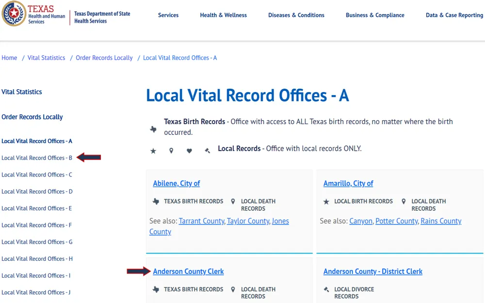 A screenshot shows a section of the Texas Health and Human Services website, listing local vital record offices starting with the letter 'A', providing information on where to obtain birth records from cities such as Abilene and Amarillo, and noting associated counties for additional reference.