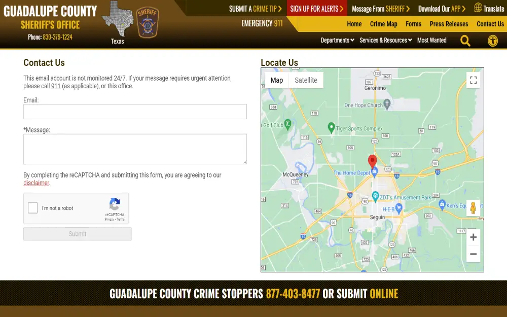 A screenshot showing a contact us form requiring details such as email address and message, and a visual map showing the location from the Guadalupe County Sheriff’s Office website.