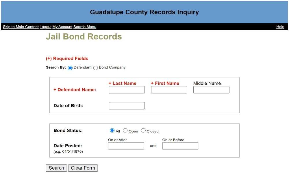 A screenshot showing a Guadalupe County Records Inquiry jail bond records search with filter details such as last name, first name, middle name, date of birth, bond status and date posted.