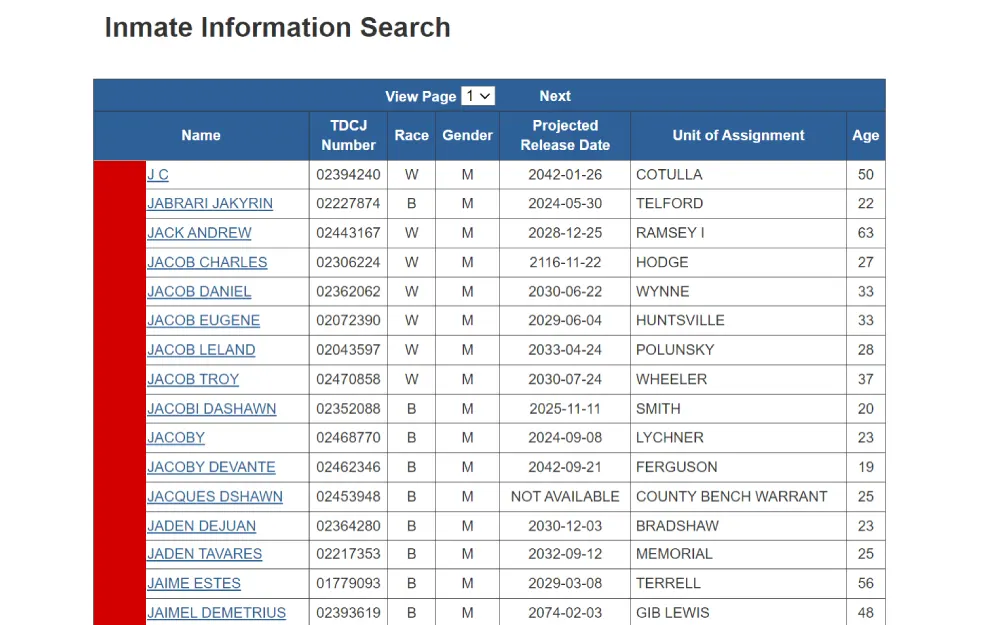 A screenshot displaying an inmate information search showing details such as full name, TDCJ number, gender, race, projected release date, unit of assignment and age from the Texas Department of Criminal Justice website.