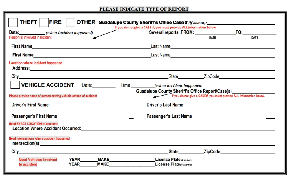 A screenshot displaying a public information request form with details to fill out such as first and last name, address, city state, ZIP code, vehicle accident information such as date, time, driver's first and last name, passenger's first and last name and others.