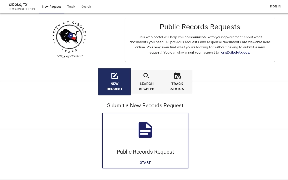 A screenshot displaying a public records requests showing options to submit a new public records request, search archive, or track status from the Cibolo City, Texas website.