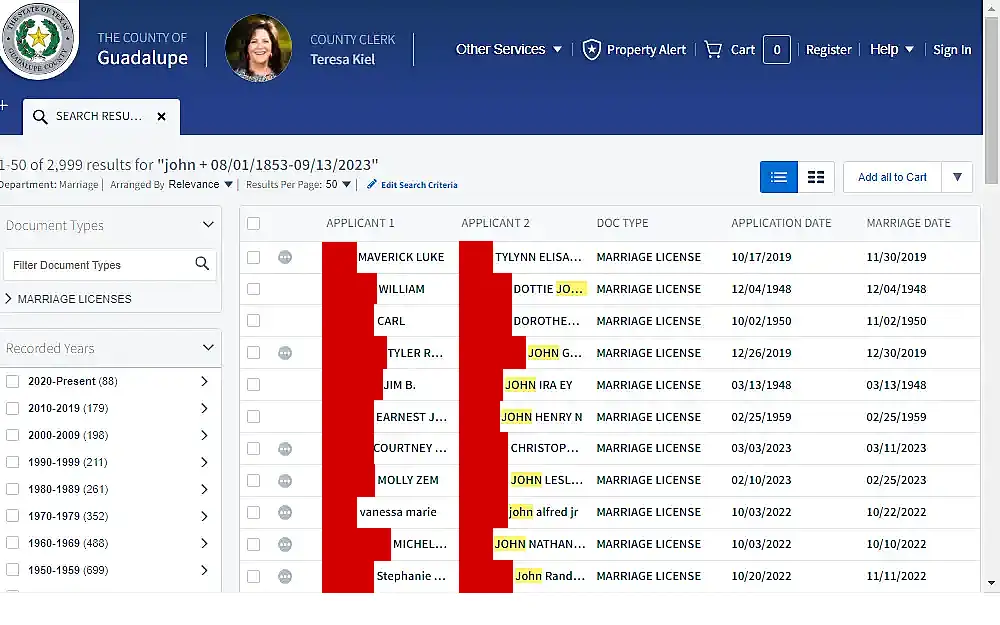 A screenshot of a sample result of the search done through the Official Records Search tool to find marriage records provided by the Guadalupe County Clerk.