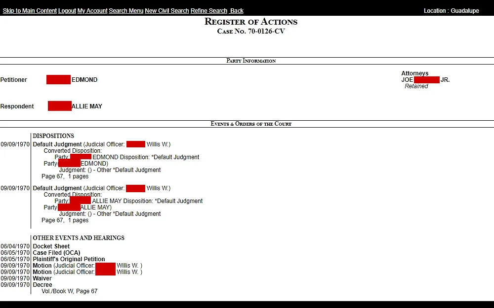 A screenshot showing a defendant's case record with its party information, events and orders of the court descriptions, and more information.