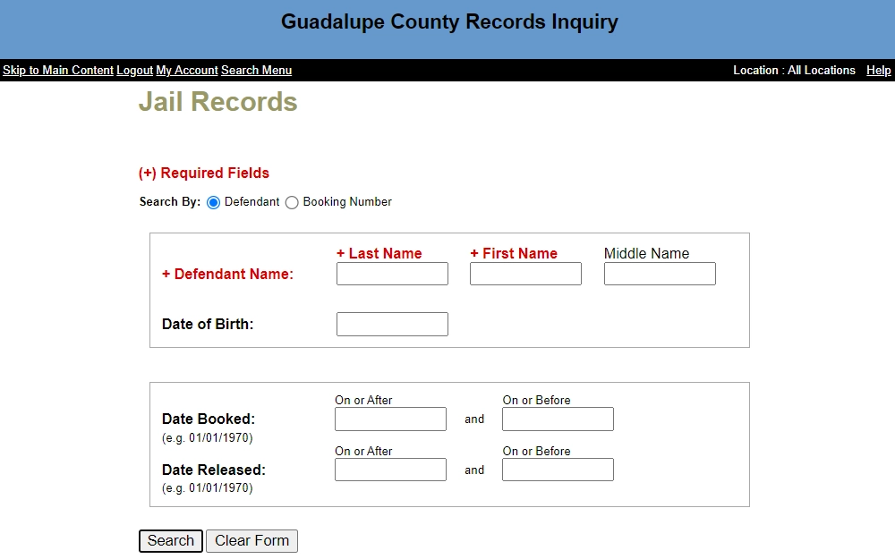 A screenshot of the Guadalupe County Jail Records Inquiry form, with fields for defendant name, date of birth, booking dates, and release dates.