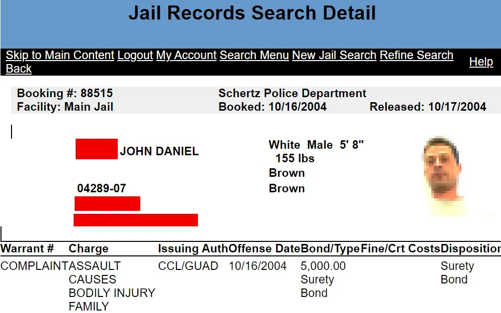 A screenshot of Guadalupe County jail record search result, showing an inmate's booking details, physical description, and charge information.