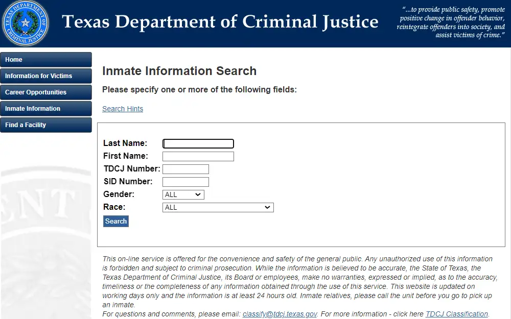 A screenshot of the Texas Department of Criminal Justice inmate information search page, with fields for entering details like name, identification numbers, gender, and race to locate prisoner information.